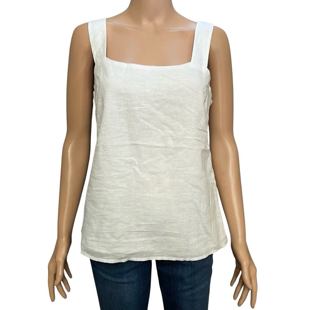 J Crew Linen Blend Square Neck Tank Top Small White Wide Strap Preppy Loose Fit